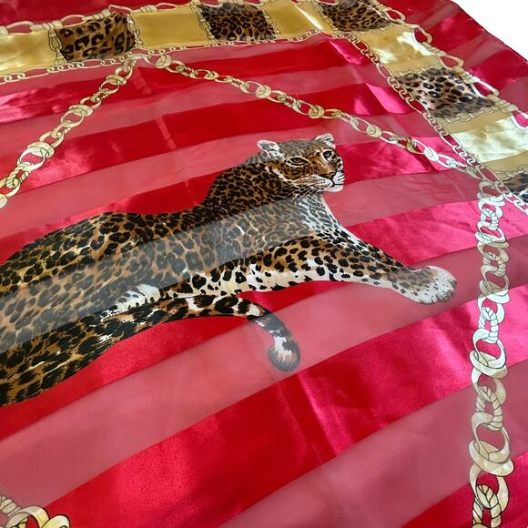 Vintage Leopard‎ Chain Scarf Satin Square Red Gold Animal Print 41” - Picture 2 of 5